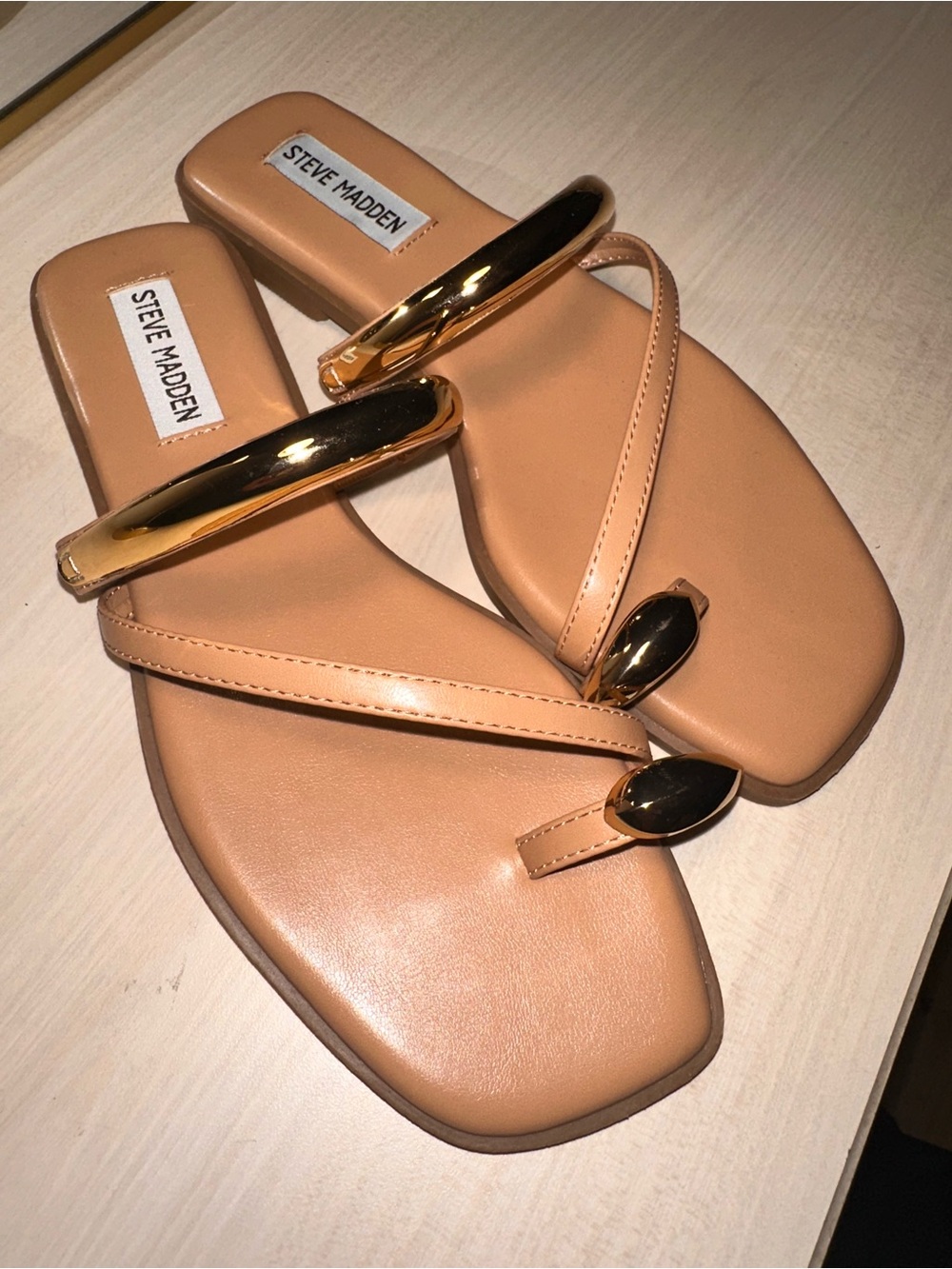 Steve Madden Tan Slide Sandals with Gold Hardware